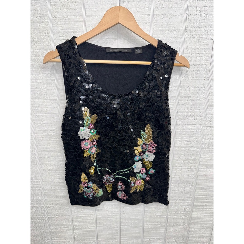 Michelle Nicole Sequin Tank Top Womens XL Black Floral Embellished Sleeveless